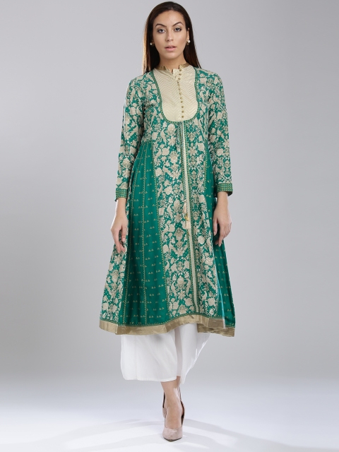 

W Women Green & Beige Printed A-Line Kurta