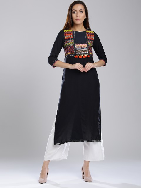 

W Women Navy Printed Straight Kurta, Navy blue