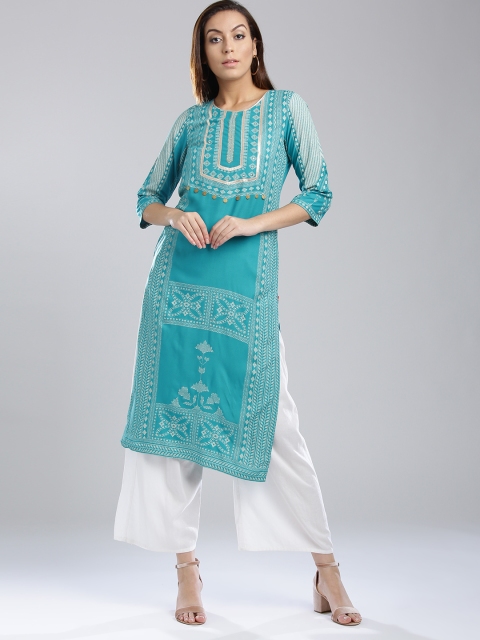

W Women Blue Printed Straight Kurta