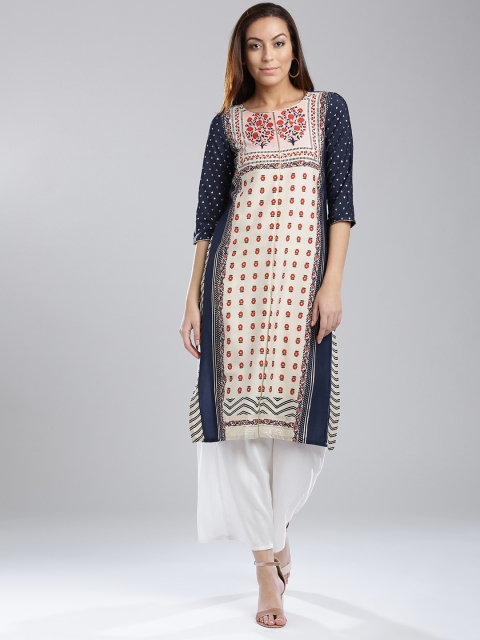 

W Women Navy & Off-White Printed Straight Kurta, Navy blue