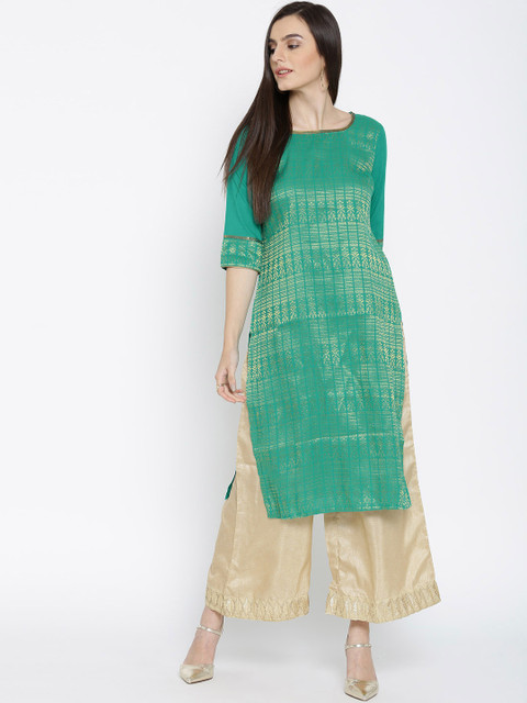 

AURELIA Women Green Woven Design Straight Kurta