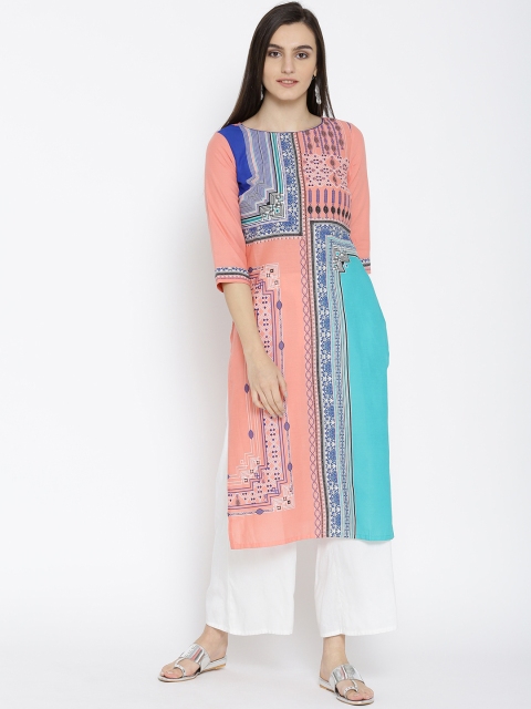 

AURELIA Women Peach-Coloured & Blue Printed Straight Kurta