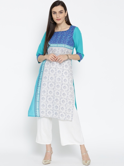 

AURELIA Women Blue & Off-White Printed Straight Kurta