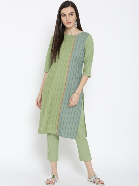 

AURELIA Women Green & Blue Woven Design Straight Kurta