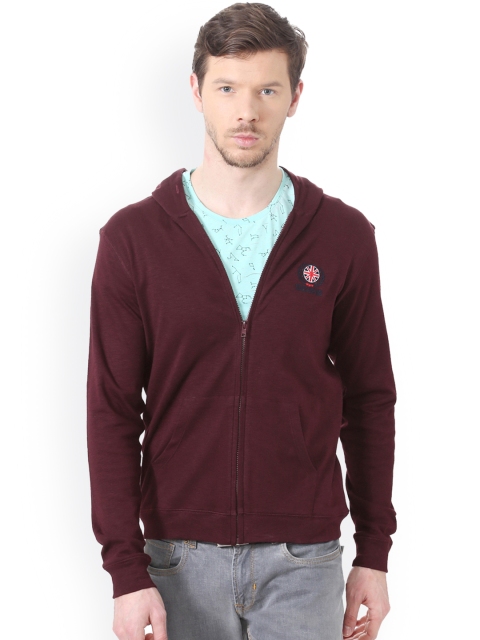 

Peter England Men Burgundy Solid Hooded Sweatshirt