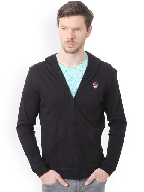 

Peter England Men Black Solid Hooded Sweatshirt