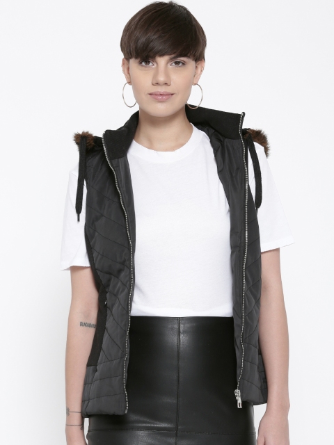 

Fort Collins Women Black Solid Sleeveless Parka Jacket with Detachable Hood