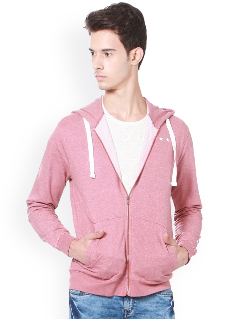 

People Men Pink Solid Hooded Sweatshirt