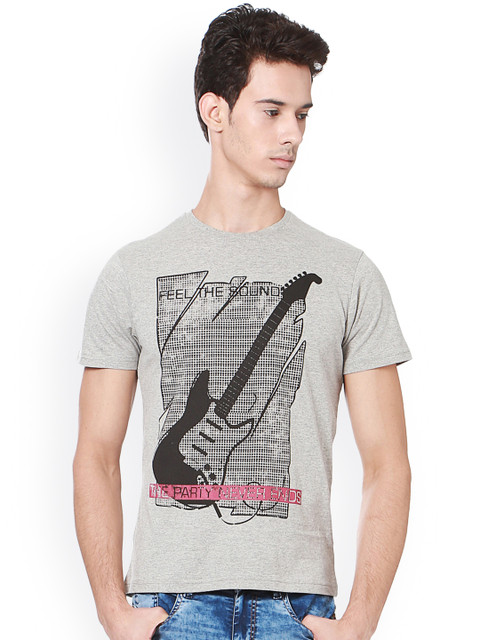 

People Men Grey Printed Round Neck T-shirt