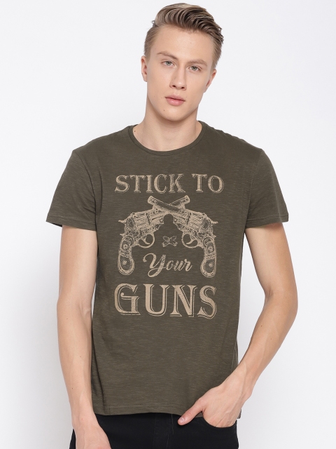 

People Men Olive Green Printed Round Neck T-shirt