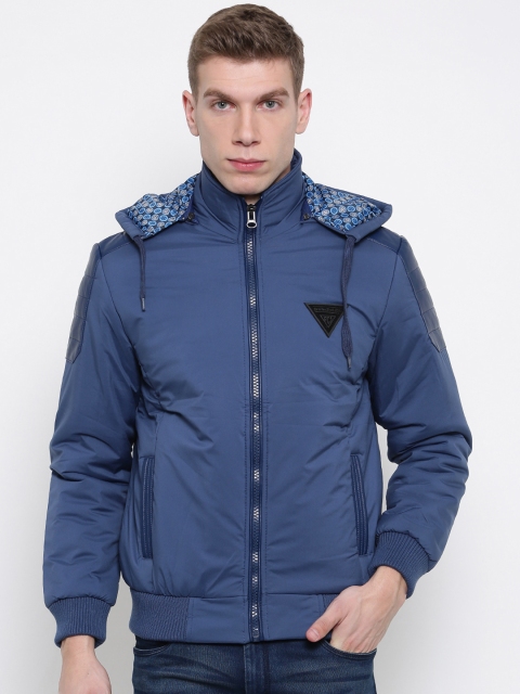 

Fort Collins Men Blue Solid Detachable Hooded Bomber