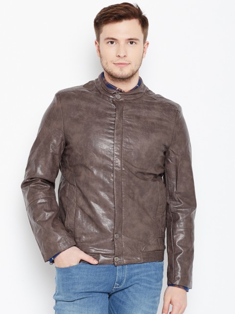 

Fort Collins Men Coffee Brown Faux Leather Solid Biker Jacket