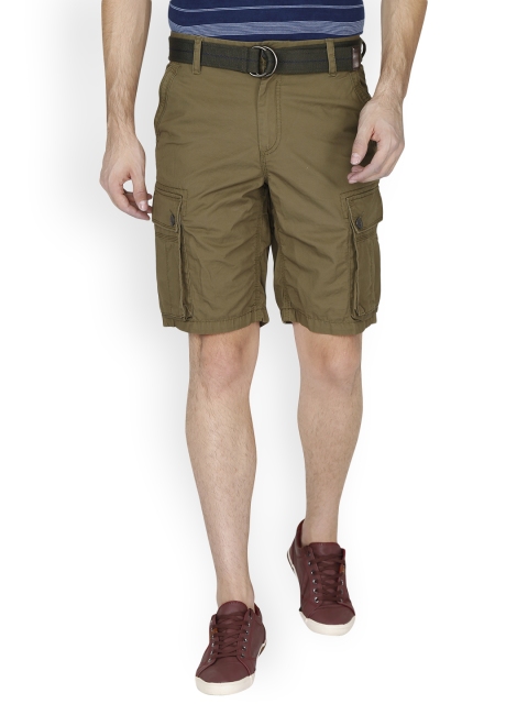 

t-base Men Olive Green Solid Regular Fit Cargo Shorts