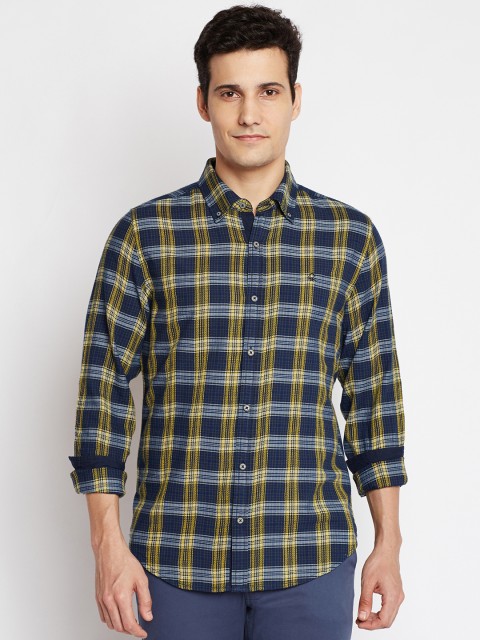 

United Colors of Benetton Men Navy & Yellow Slim Fit Checked Casual Shirt, Navy blue