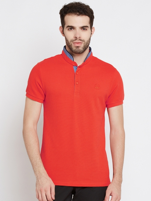 

United Colors of Benetton Men Orange Solid Mandarin Collar T-shirt