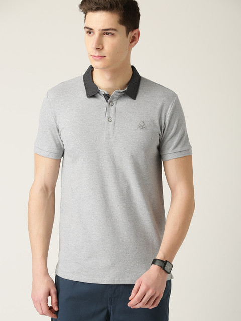 

United Colors of Benetton Men Grey Melange Solid Polo Collar T-shirt