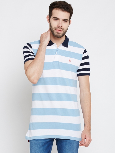 

United Colors of Benetton Men White & Blue Striped Polo Collar T-shirt