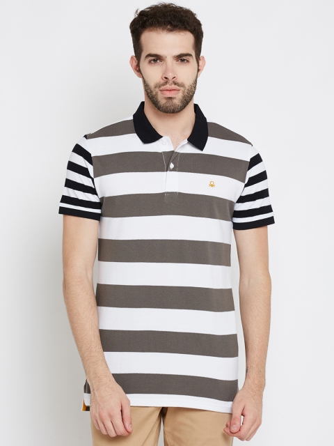 

United Colors of Benetton Men White & Grey Striped Polo Collar T-shirt