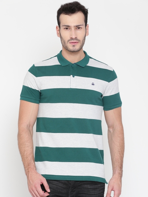 

United Colors of Benetton Men Green & Grey Melange Striped Polo Collar T-shirt
