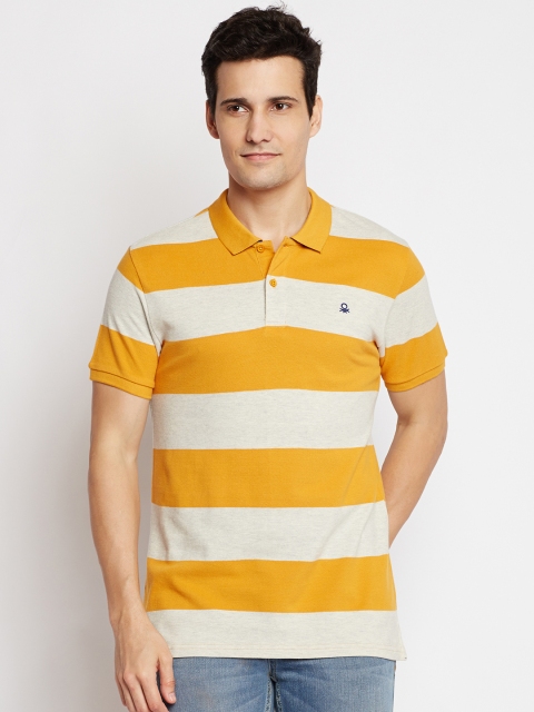 

United Colors of Benetton Men Yellow Striped Polo Collar T-shirt