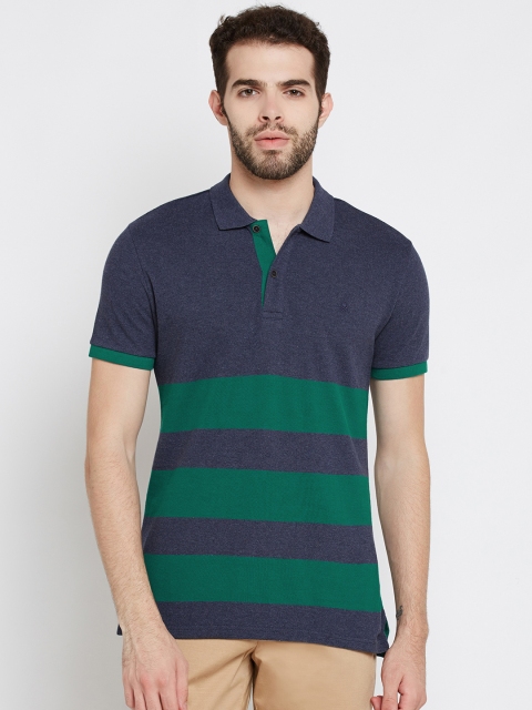 

United Colors of Benetton Men Navy Blue & Green Striped Polo Collar T-shirt