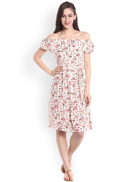 

20Dresses Women Off-White Printed Off-Shoulder Fit & Flare Dress