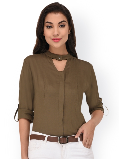 

PURYS Women Olive Green Smart Regular Fit Solid Casual Shirt