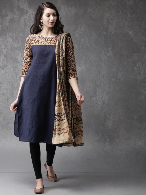 

Anouk Women Navy Blue & Beige Yoke Design Kurta with Churidar & Dupatta