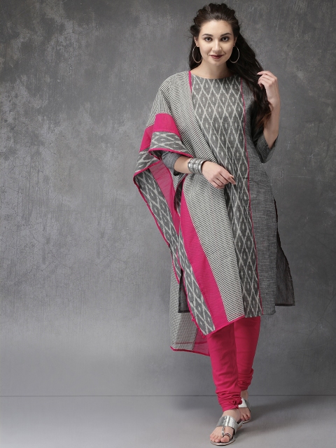 

Anouk Women Charcoal Grey & Pink Woven Design Kurta with Churidar & Dupatta