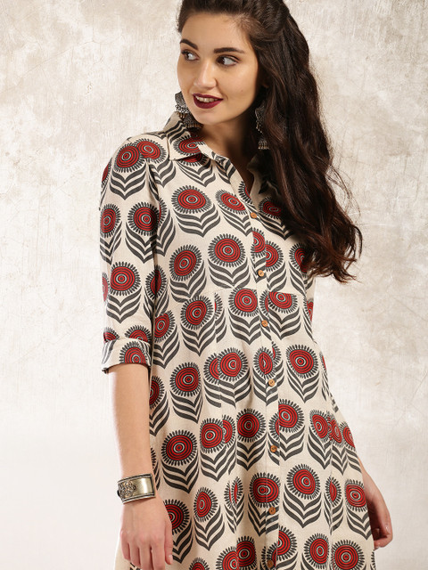 

Anouk Women Cream-Coloured Printed A-Line Dress