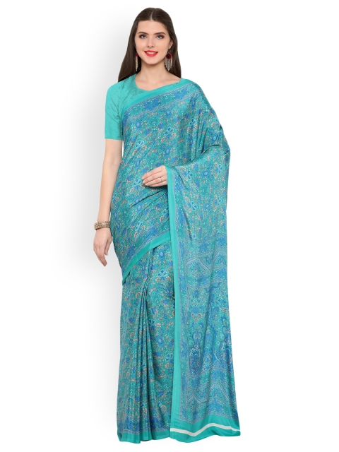 

Ligalz Turquoise Blue Printed Poly Crepe Saree