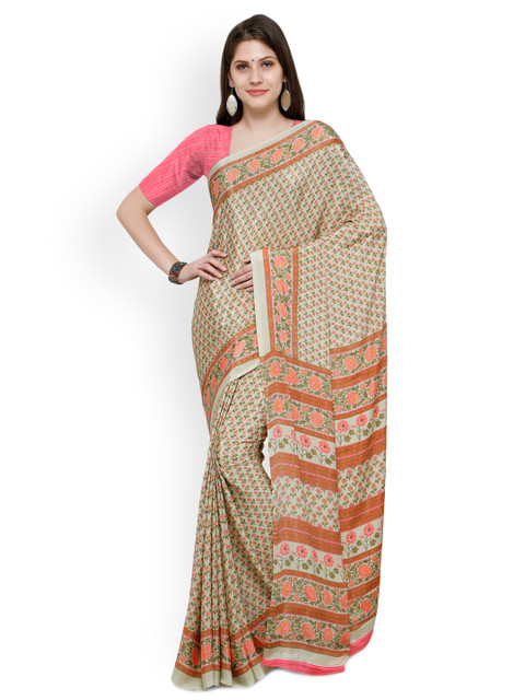 

Ligalz Beige Printed Poly Crepe Saree
