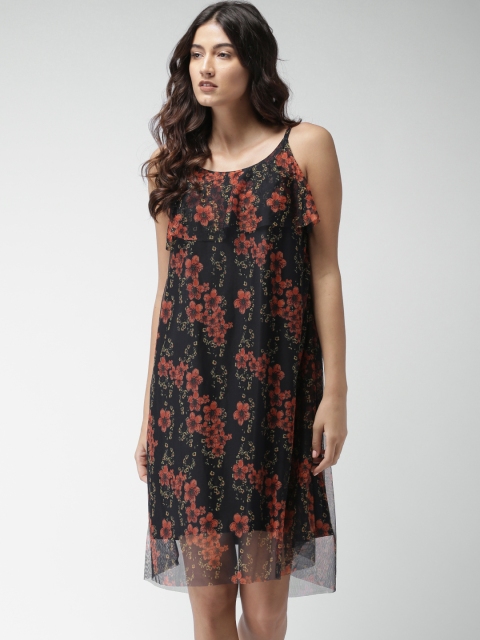 

Mast & Harbour Women Navy & Orange Printed A-Line Dress, Navy blue
