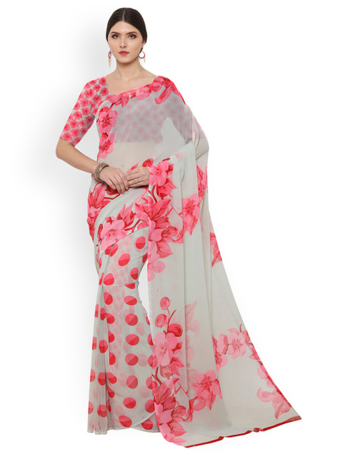 

Ligalz Grey & Pink Poly Georgette Printed Saree