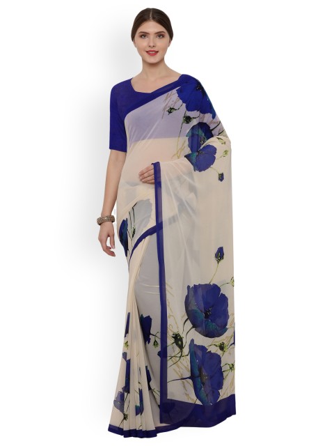 

Ligalz Beige & Blue Printed Poly Georgette Saree