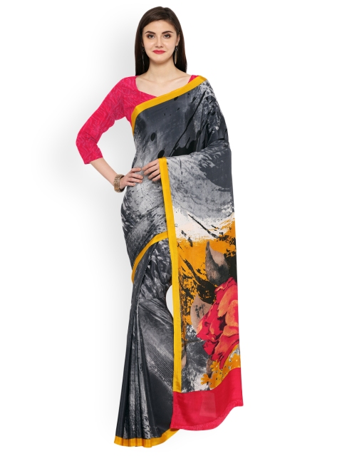 

Ligalz Grey Printed Poly Crepe Saree