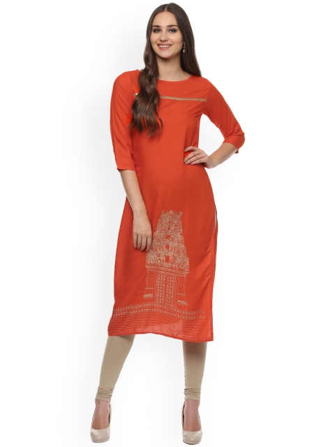 

Evam Women Orange Printed Straight Kurta