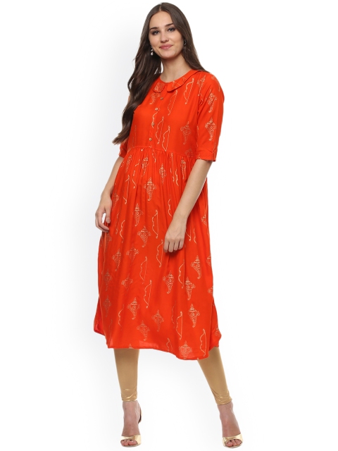 

Evam Women Orange Printed A-Line Kurta