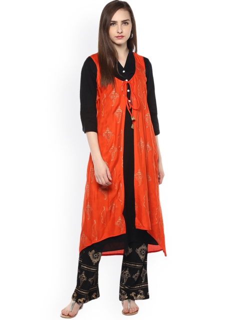 

Evam Women Orange Printed Open Front Ethnic Longline Jacket