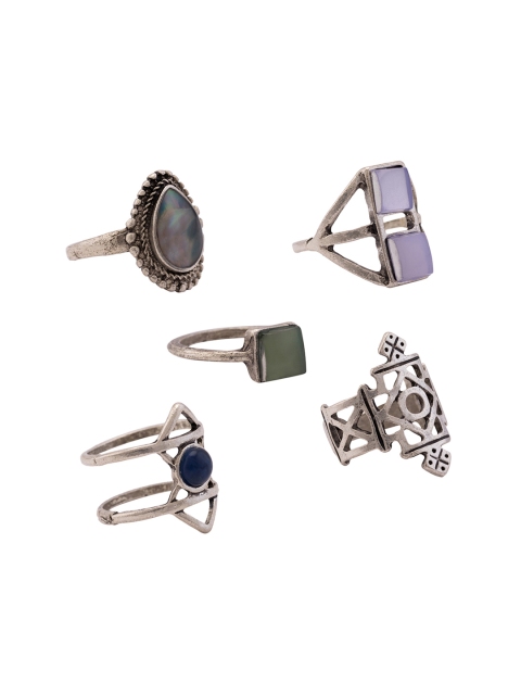

OOMPH Set of 5 Silver-Toned Stone-Studded Rings
