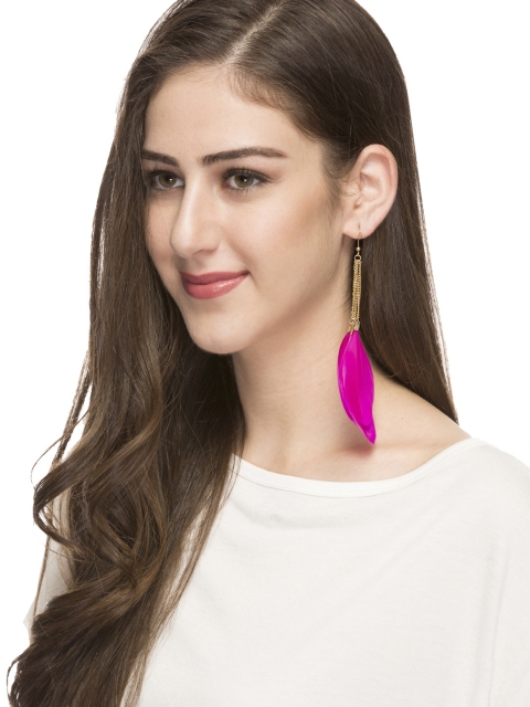 

OOMH Gold-Toned & Pink Feather-Shaped Drop Earrings