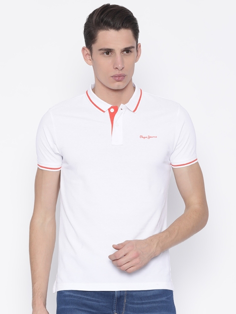 

Pepe Jeans Men White Solid Polo Collar Pure Cotton T-shirt