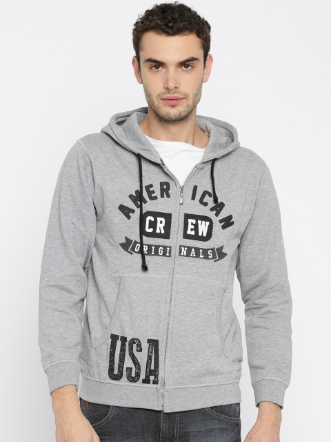 

American Crew Men Grey Melange Printed Hooded Sweatshirt