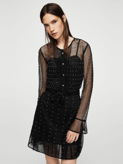 

MANGO Women Black Net Embellished A-Line Dress