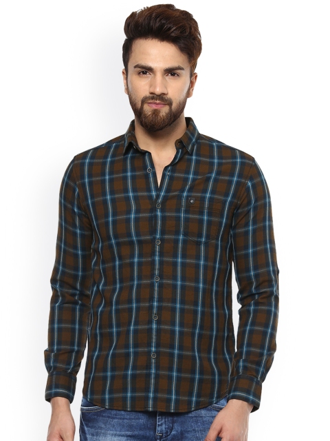 

Mufti Men Brown & Blue Slim Fit Checked Casual Shirt