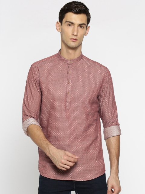 

British Club Men Burgundy Woven Design Short Kurta