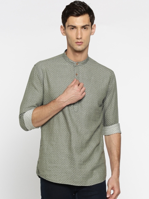 

British Club Men Olive Green Woven Design Straight Kurta