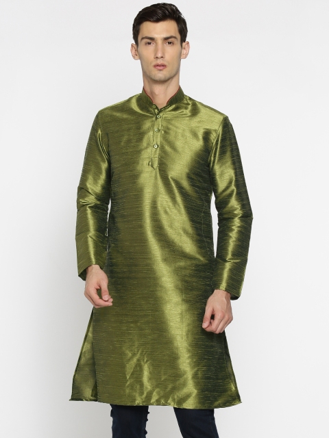 

British Club Men Green Solid Silk Straight Kurta