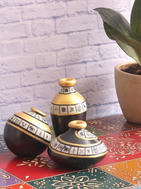 

VarEesha Set of 3 Black Terracotta Hand-Painted Vases