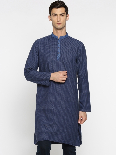 

British Club Men Navy Blue Woven Design Straight Kurta